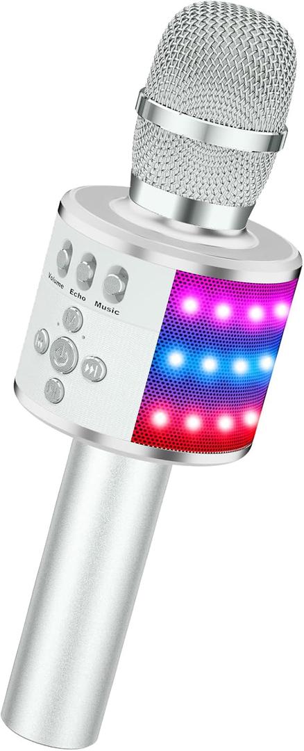 BONAOK Karaoke Microphone for Kids & Adults - Instrument Wireless Microphones Bluetooth Singing Mic with Disco Lights, Echo Effect, Built-in Speaker Portable for Party Travel Gifts Q78(Silver)