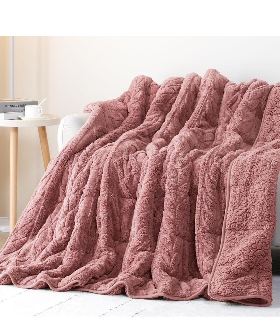 Cottonblue Jacquard Weighted Blanket 20 lbs for Adults Queen Size, Ultra Soft Sherpa Fleece Blanket for Relax and Sleep, Cozy Comfort Heavy Bed Blankets with Glass Beads, 60x80 Inches, Apricot Pink