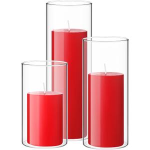 Shihanee Set of 3 Pillar Candles and 3 Glass Cylinder Candle Vases Holders Clear Pillar Jars for Wedding Centerpieces(2.6'' X 4.7'', 5.9'', 7.9'',Red)