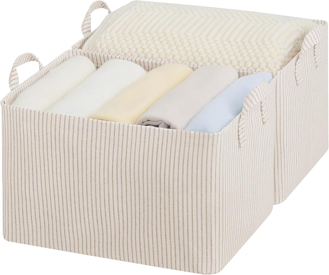StorageWorks Storage Bins, Fabric Storage Bins for Shelves, Large Storage Baskets with Metal Frame, Closet Baskets and Bins with Handles, Khaki and Beige Stripes, 2-Pack