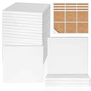 Ceramic Tiles for Crafts, GOH DODD 24 Pack Unglazed Blank Coasters with Cork Backing for Alcohol Ink Painting Acrylic Pouring Art Projects Housewarming Gifts Wedding School, Square, 4 Inch, White