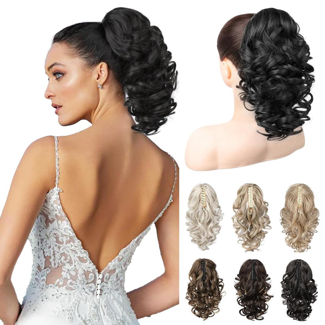 REECHO 12" Ponytail Extension, Classic Loose Curly Wavy Claw Clip Pony tails Hair Extensions Hairpieces for Women - Black