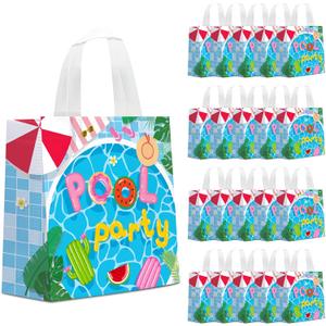 KERINGO 24 PCS Pool Party Non Woven Favor Bags with Handles Swimming Themed Waterproof Goodie Bags for Pool Swimming Summer Party Birthday Baby Shower Supplies