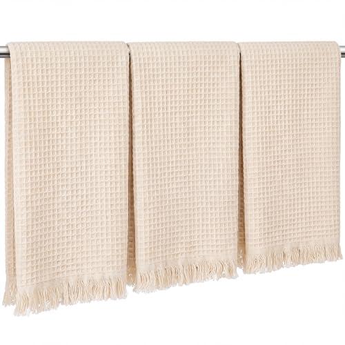 CrystalSylara 3 Pcs Waffle Kitchen Towels with Tassels Beige Absorbent 100% Cotton Turkish Dish Towels Decorative Boho Farmhouse for Drying Dishes & Home Decoration, 17.7 x 27.6inch MISSING 1