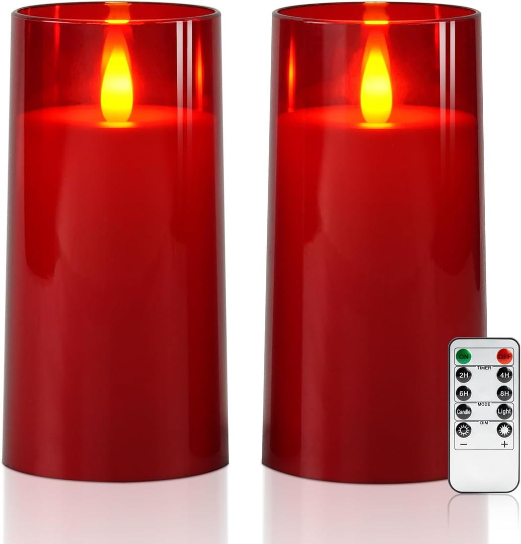 Raycare Flameless Electronic Pillar Candles with Remote Control and Timer- Battery Operated Realistic Flickering LED Fake Candle for Home, Wedding, Valentine's Day Decor, Red,Set of 2(3"x6"6")