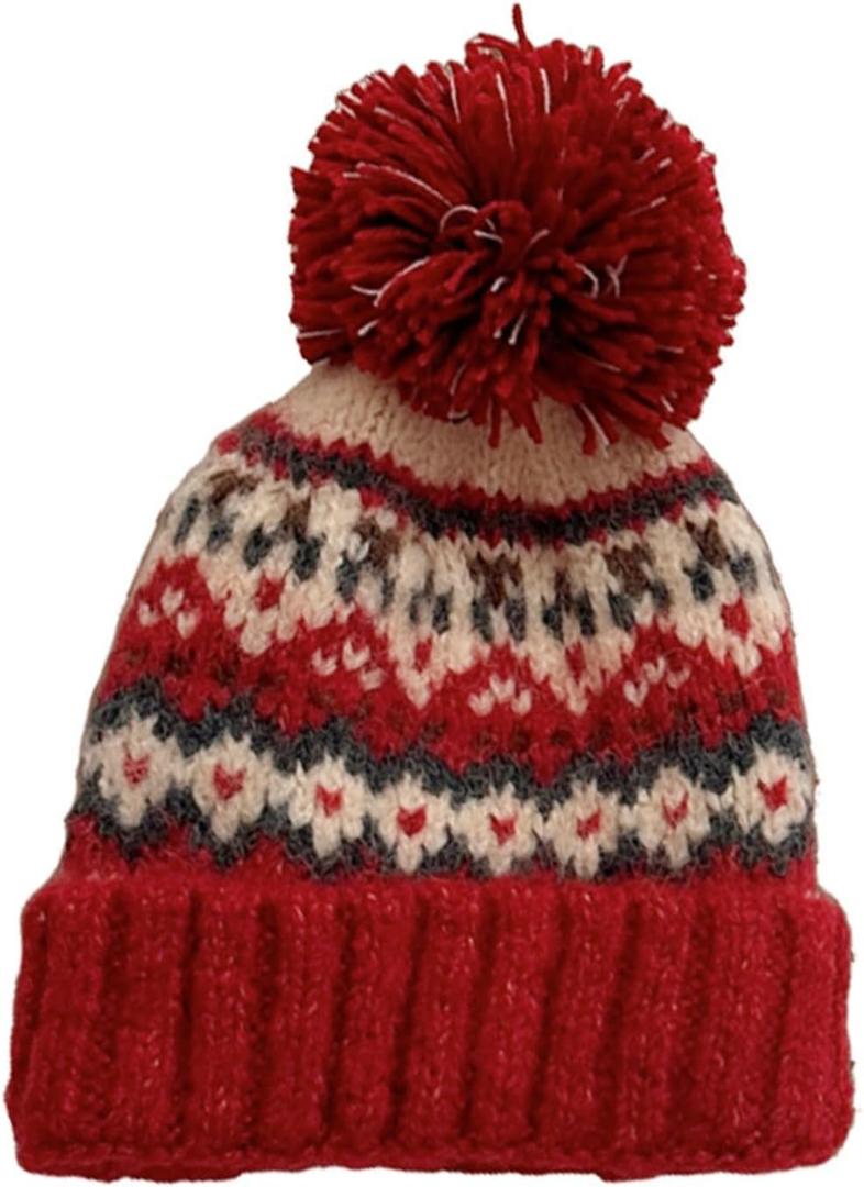 AOMEXAGA Vintage Fair Isle Knit Beanie for Women Colorful Unisex Winter Pom Cap Soft Warm Cute Christmas Clothing Accessory (One Size, Red)