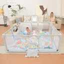 Playpen for Babies and Toddlers,73"x71"Baby Playpen with Mat IndoorOutdoor with Breathable Play Pen with Ocean Balls Hanging Pocket Basketball Hoop and Football Goal (Lighr Grey with Mat, 73"x71")
