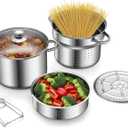 Sawysine Stainless Steel Pasta Pot 6-Piece 10 Quart Cooker Steamer Stock Pot Cookware Set Multipots with Strainer Insert for Home Kitchen