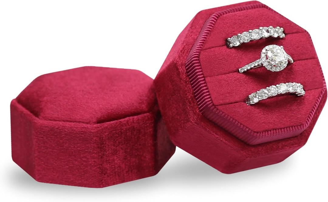 BLUTETE Velvet 3 Slots Jewelry Ring Box Engagement Wedding Box Keepsake Box Bridal Photo Ring Triple Slots Octagon (Merlot Red)
