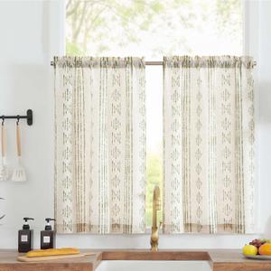 jinchan Boho Kitchen Curtains Linen Tier Curtains 36 Inches Bohemian Cafe Small Drapes Striped Mudcloth Farmhouse for Bathroom RV Camper Light Filtering Rod Pocket 2 Panels Green on Beige, Size: 26"W x 36"L