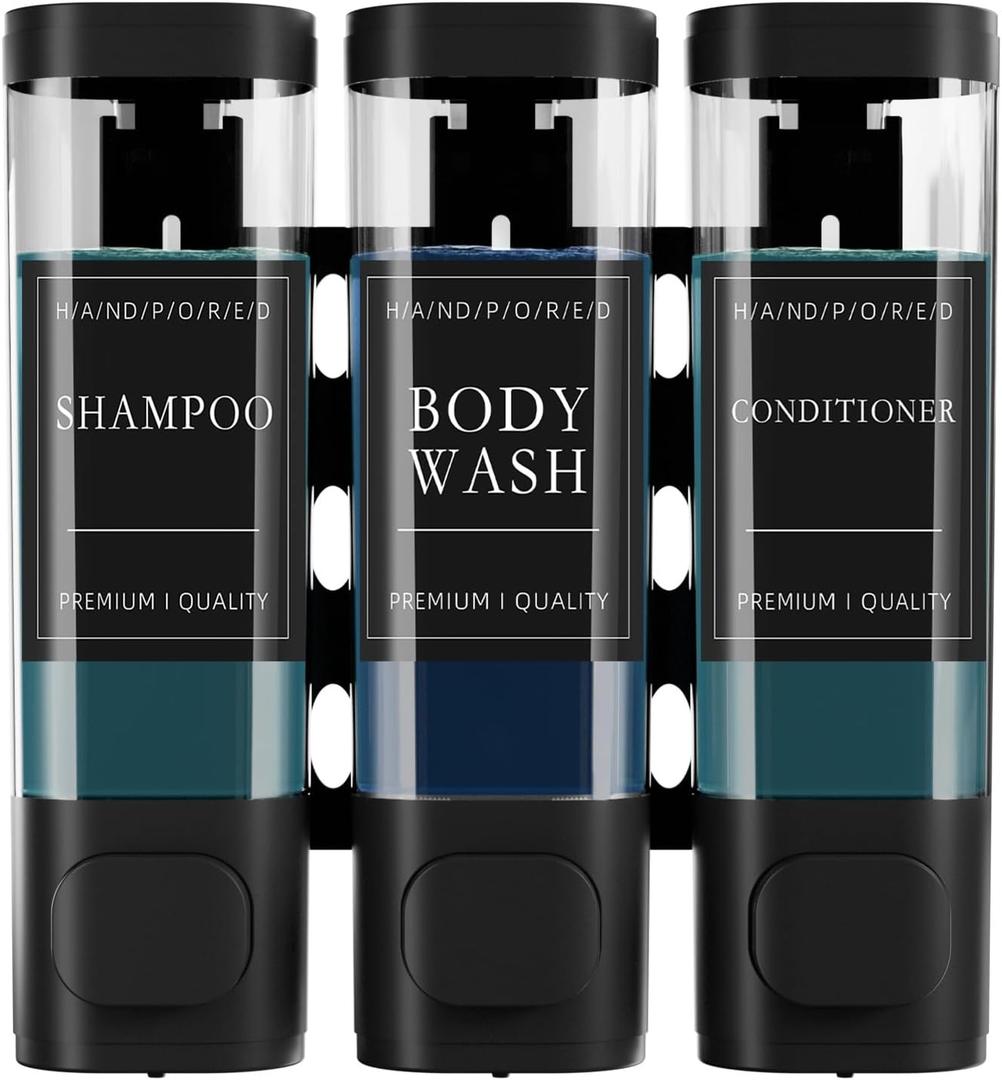 Shower Soap Dispenser No Drill, 3 Chamber Wall Mounted Shampoo and Conditioner Dispenser for Bathroom Hotel Large Capacity (Black)