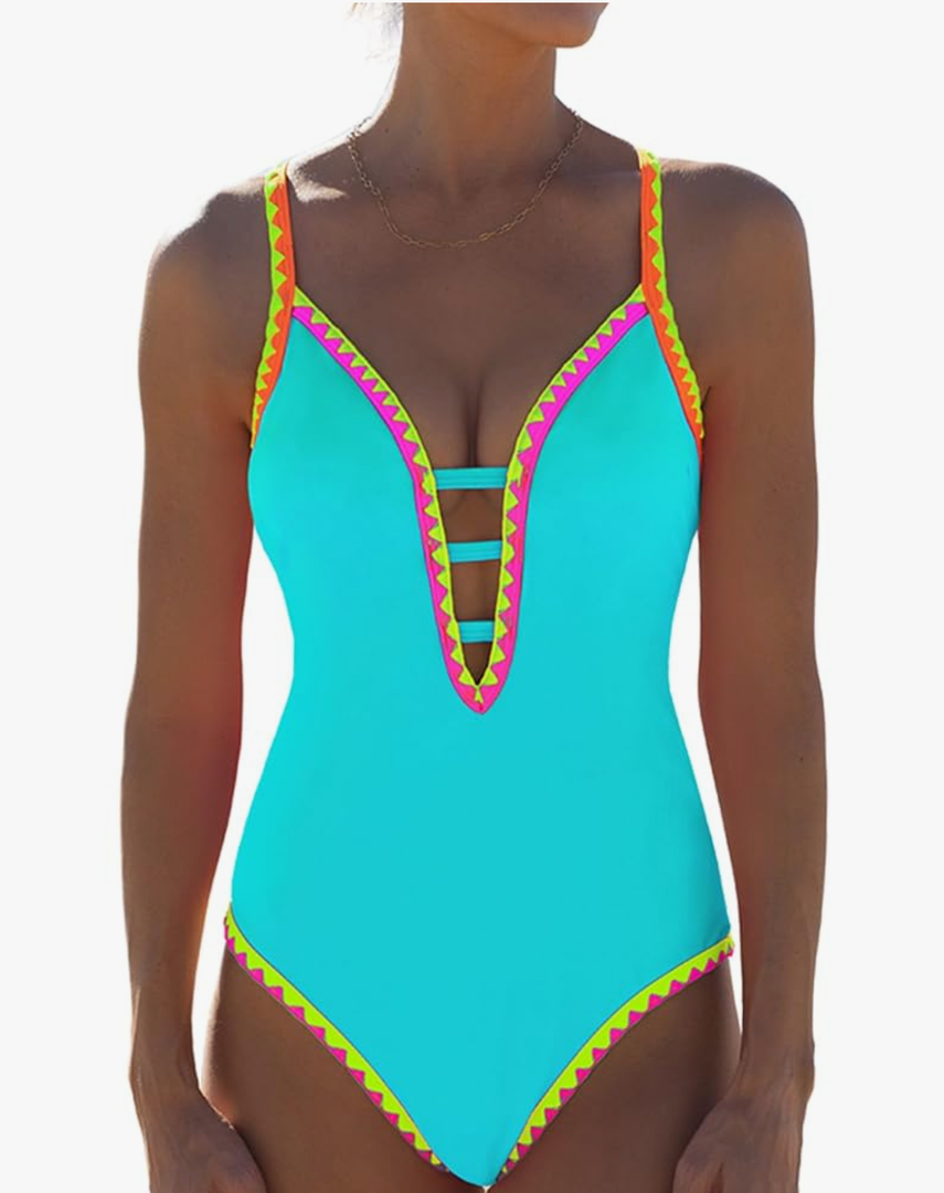 popvil Women One Piece Swimsuit Tummy Control Deep V Neck Neon Cute Bathing Suit Back Tie Swim Suits 2025 Summer, XXL