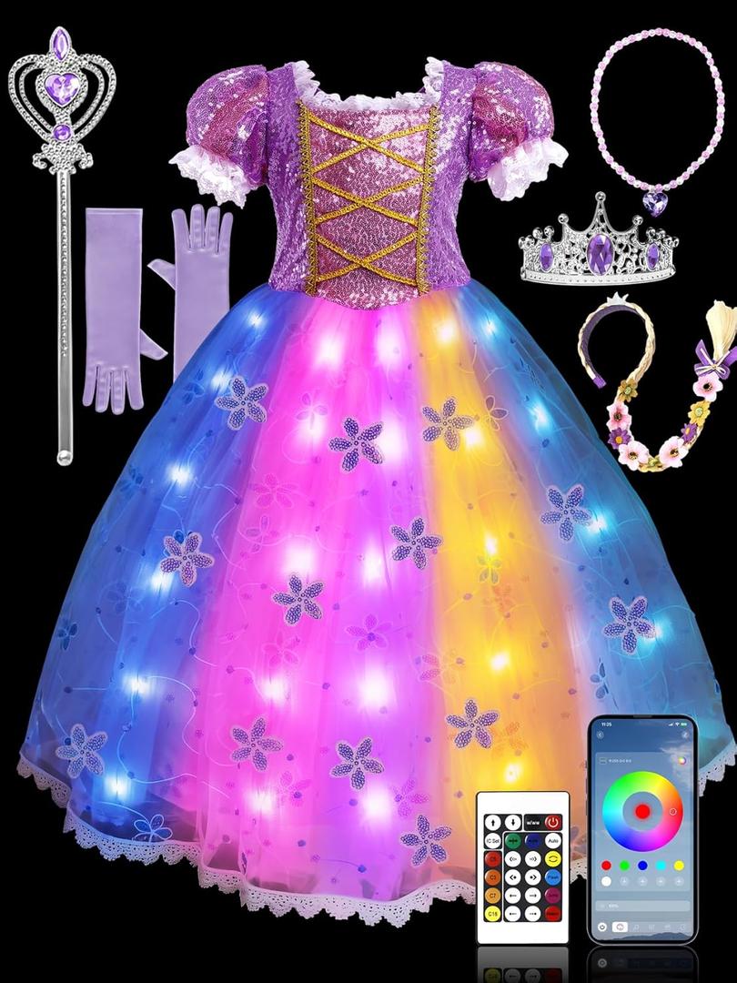 Princess Costume for Girls, RGB Light Up Princess Dress Up Syncs Music App Control with Accessories  (5-6 Years, Rgb+Pink Purple)