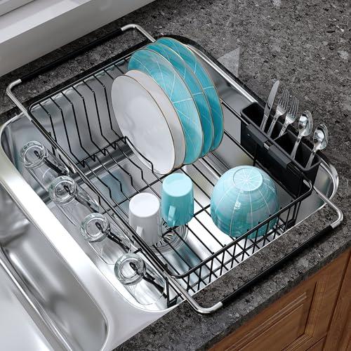 Dish Drying Rack Over the Sink In Stainless Steel Black Expandable Drainer for Small Kitchen, Counter Space Saving Compact Inside Sink Plate Dryer, Adjustable Hanging Metal Wire Strainer Drain Holder (Black)
