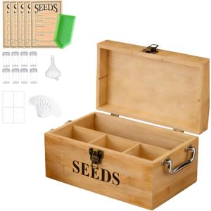 Seed Storage Organizer Box, Double-Layer Seal Design Bamboo Seed Saving Box with Safety Lock, Handles, Extra Envelopes and Labels, Ideal Gift for Gardeners