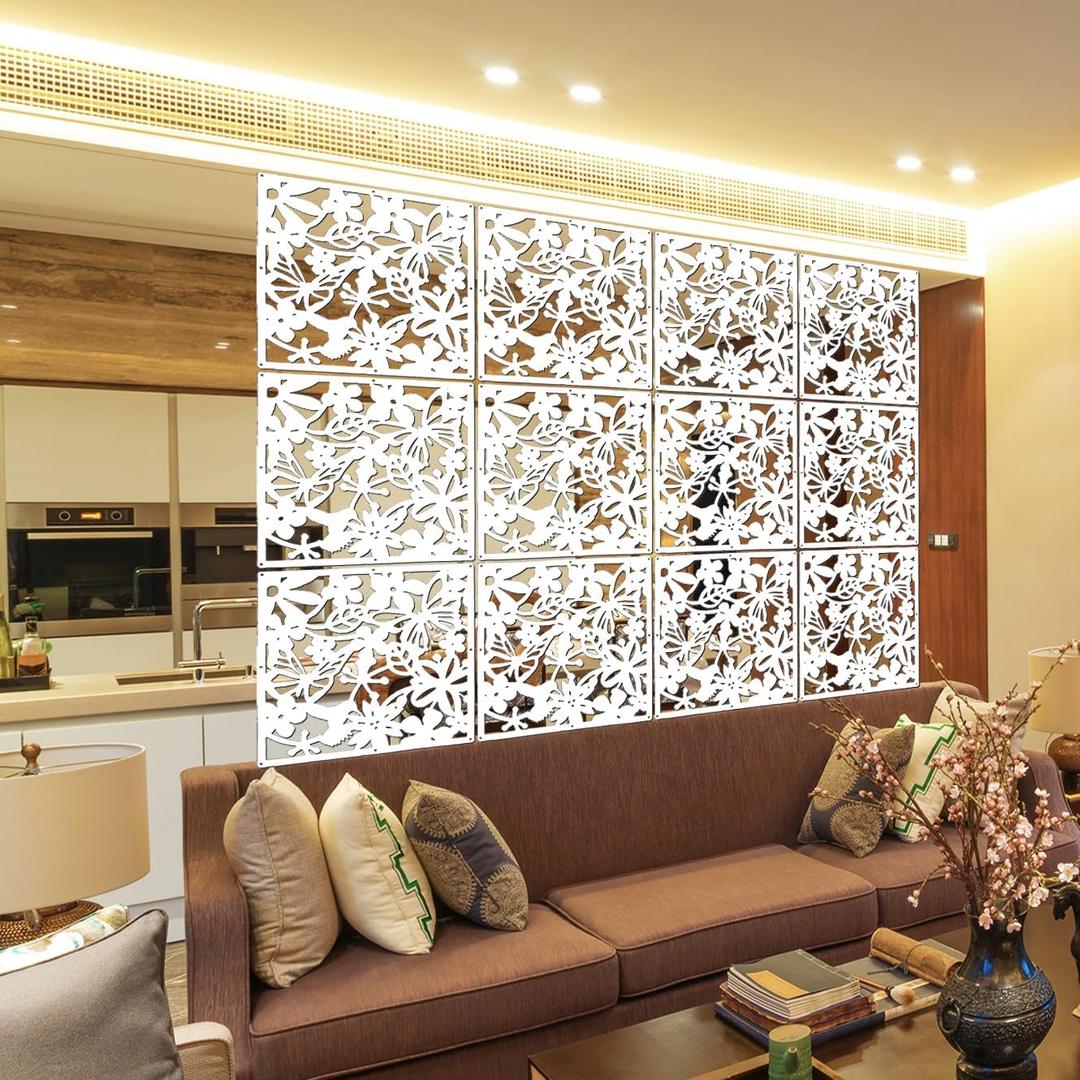LRZCGB Hanging Room Divider,12pcs PVC Screen Panel with Butterfly Flower Bird for Living Dining Study Sitting-Room Hotel Bar Decoration(White)