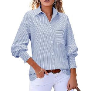Womens Oversized Button Down Shirts Striped Smocked Cuff Long Sleeve Fall Blouses with Pocket Casual Collar Work Tops (Medium)