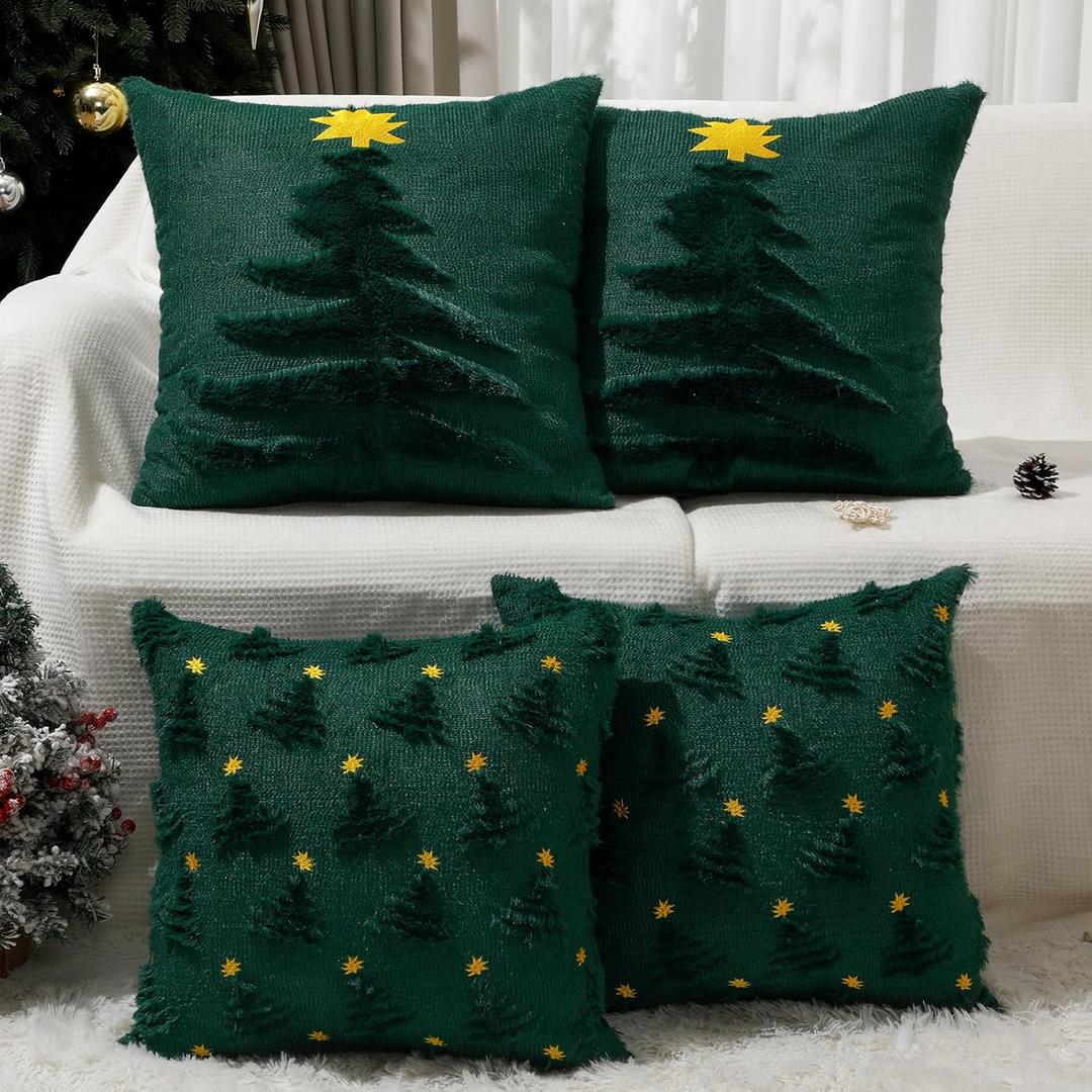 Tudomro 4 Pcs 2 Style Christmas Tree Throw Pillow Covers 20 x 20 Inch 3D Embroidered Soft Faux Fur Green Christmas Tree Design Pillowcases for Sofa Couch Bed Home Winter Holiday Xmas Decor