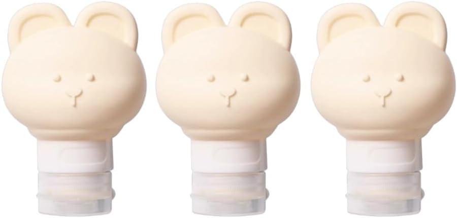 Cute Bear Travel Bottles Set for Toiletries 3 Pack 2.8oz 80ML Leak Proof Silicone Containers for Conditioner Shampoo Lotion (Beige)