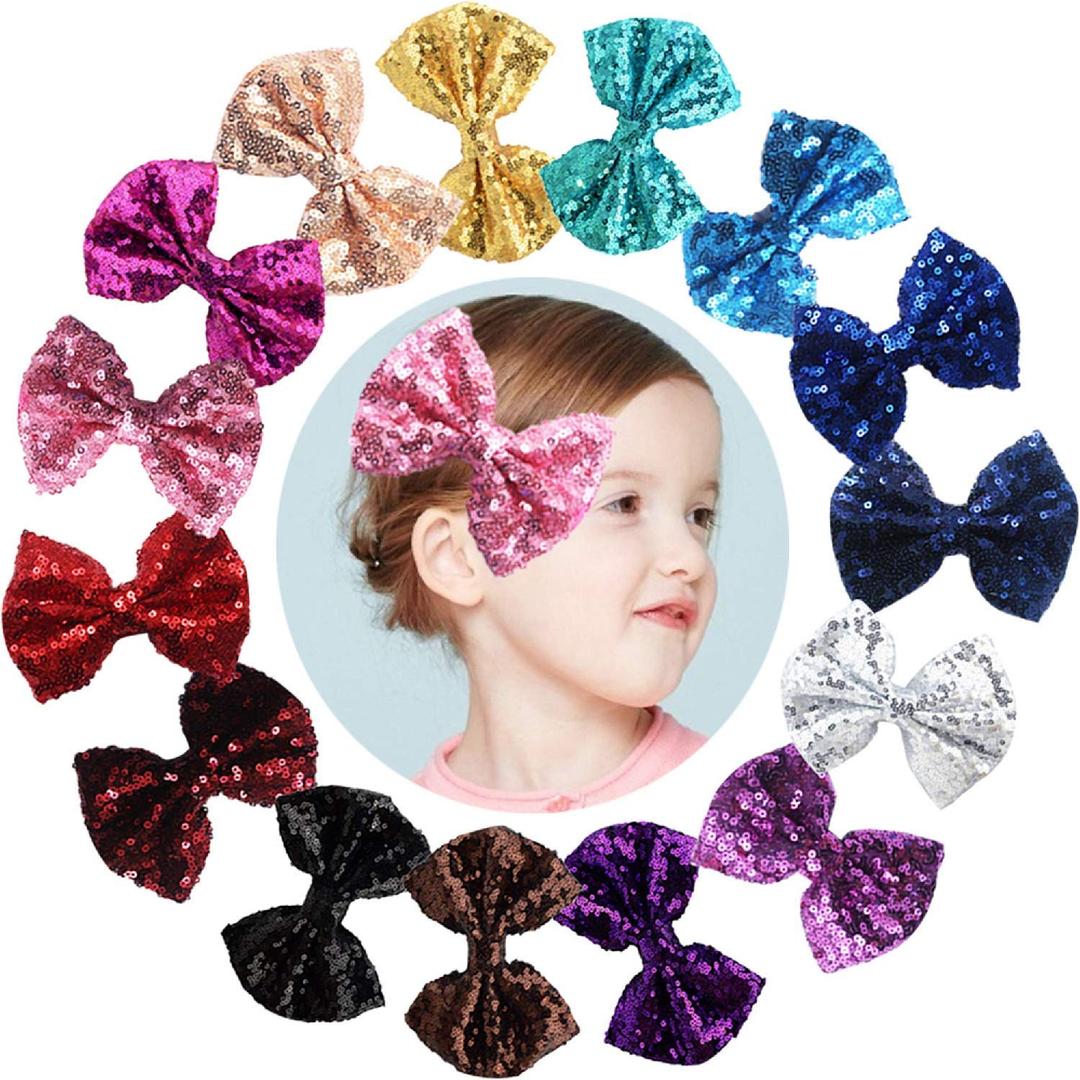 CLLOT Party Festival Baby Girls Sparkling Bows Clips 15PCS Glitter Sequins 4" Hair Bows Alligator Hair Clips for Girls Baby Children Toddlers