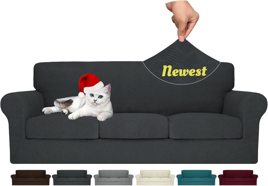 MAXIJIN 4 Piece Couch Covers for 3 Cushion Couch Sofa Covers, Stretch Couch Slipcovers for Sofas with 3 Cushions, Thick 3 Seat Furniture Protector for Dogs Pet (71"-91", Gray)