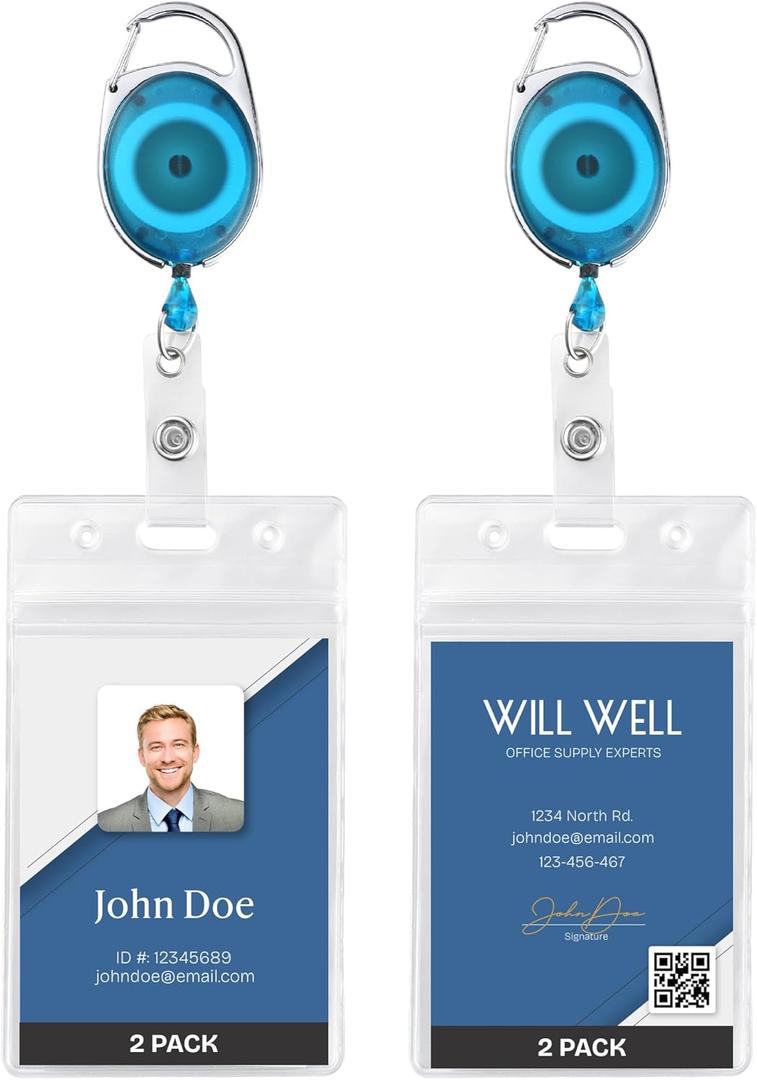 2 Pack Id Badge Holder With Clip, Transparent Light Blue Badge Reels with Id Sleeves Set, Clear Id Card Holder Retractable, Vertical Lanyard ID Holder with Badge Reel, Badge Holders with 24" Pull Cord
