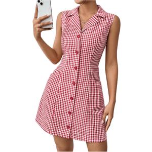 MakeMeChic Women's Plaid Gingham Lapel Button Down Short Dresses Sleeveless A Line Shirt Dress with Pocket (Red and White) S