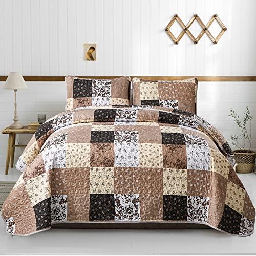 Mybedsoul Brown Patchwork Quilt Set California King Size,3 Pieces Khaki Floral Plaid Reversible Bedspread Coverlet Set for All Season,Summer Soft Microfiber Bedding Set 96"x 106"