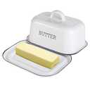 Suwimut Enamel Butter Dish with Lid for Countertop Refrigerator, Vintage White Butters Holder Tray, Black Rim Enameled Metal Covered Butters Keeper Container for East West Coast Butter Stick