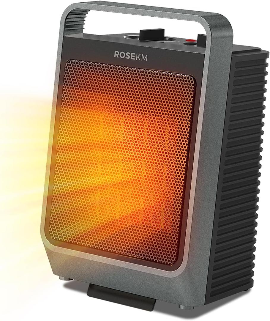 ROSEKM Space Heaters for Indoor Use, 1500W Portable Electric Heater with Thermostat, Ceramic Heater for Room Bedroom Office Under Desk with 3 Heating Levels, Safe Tip-Over Protection (Grey)