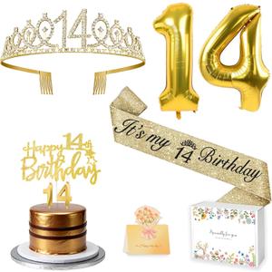 14th Birthday Decorations for Girls with 14th Birthday Sash and Crown, Number Balloons, Birthday Card, Cake Topper and Candles, 14 Year Old Girl Gifts for Her, Gold