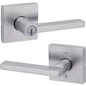 Kwikset Halifax Keyed Storeroom Entry Door Handle with Lock and Key, Secure Keyed Reversible Lever Exterior, for Front Entrance and Bedrooms, Satin Chrome, Pick Resistant Smartkey Rekey Security
