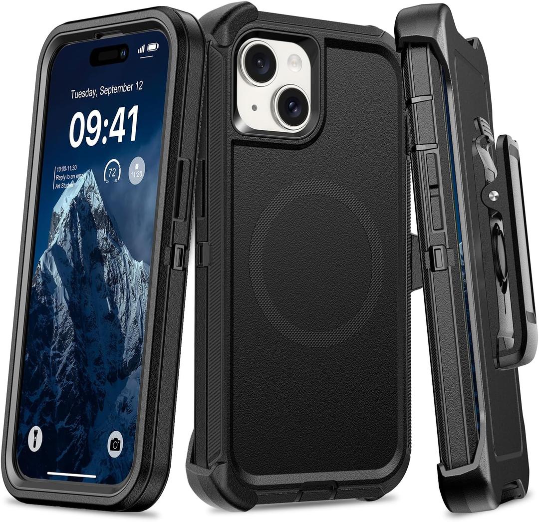 Magnetic Case with Belt Clip Holster, Heavy Duty Protective Phone Case, Shockproof Magnetic Phone Cover for iPhone 13/14/15 6.1" Dark Black