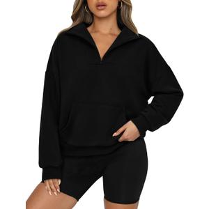 PRETTYGARDEN Womens Quarter Zip Long Sleeve Cropped Sweatshirt 2025 Fall Winter Casual V Neck Pullover Tops With Pockets (Small, Black)