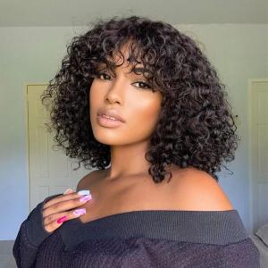 Curly Bob Wig with Bangs 12inch Short Curly Wigs for Black Women Human Hair 180% Density Glueless Water Wave Brazilian Hair wigs None Lace Front Wig Natural Black