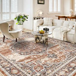 Washable Rug 8x10 Area Rugs: Super Soft Ultra-Thin Carpet - Non-Slip Backing Rugs for Bedroom Dining Room - Stain Resistant Vintage Large Area Rug 8'x10' Brick