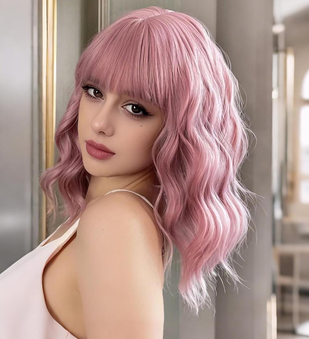 VCKOVCKO Pastel Wavy Wig With Air Bangs Women's Short Bob Purple Pink Wigs Curly Wavy Shoulder Length Pastel Synthetic Bob Wig for White Women Girls Daily Use Colorful Wigs(12", Purple Pink) (A- Purple Pink)