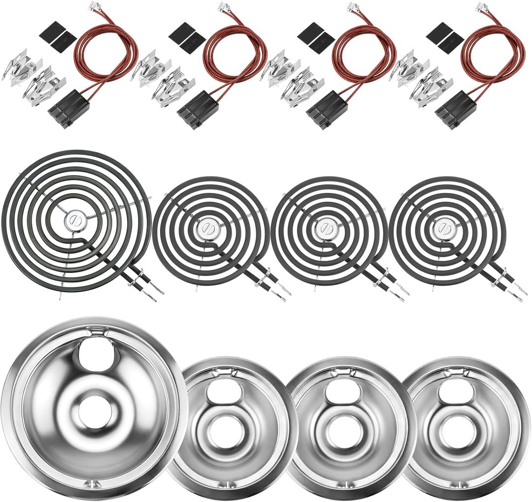 Silver Burner Drip Pans WB31T10010(6") WB31T10011(8") Electric Stove Burner Replacement WB30M1(6") WB30M2(8") WB17T10006 Terminal Block Compatible for G-E Hot-point Ken-more by MIFLUS