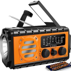 20000mah Hand Crank Emergency Radio, SW/NOAA/AM/FM Weather Radio, Solar Powered Hand Crank Chager with Big Battery Powered, Portable, Cellphone Charge, SOS, Flashlight for Emergency/Home (Orange)