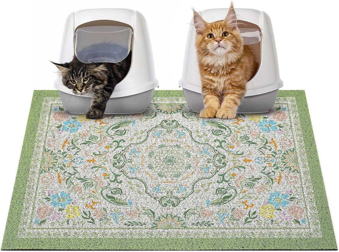 Glittme Cat Litter Mat with Non-Slip Bottom Litter Box Mat 24"X15" Litter Trapping Mat Easy to Clean Washable Cat Food Mat for Kitty,L (Bean Green)