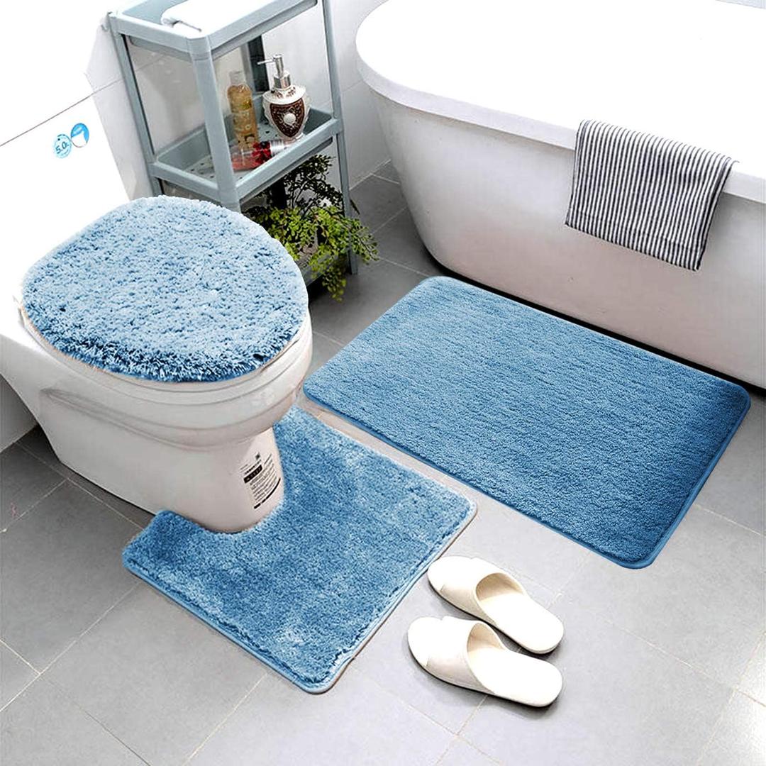 Luxury Home Linen 3 Piece Super Soft and Fluffy Microfiber Absorbent Solid Bathroom Rug Set with Rubber Backing Includes Non-Slip Bath Rug, Contour Mat, and Toilet Lid Cover (Light Blue)