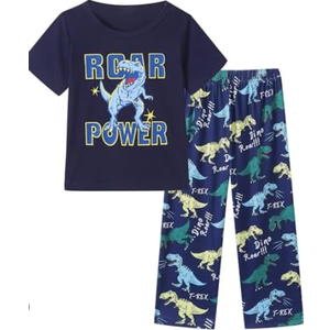 Mikrdoo Boys Pajamas Set 2Piece Short Sleeve Tops and Pants PJs Summer Sleepwear for Kids, Size 7 Years