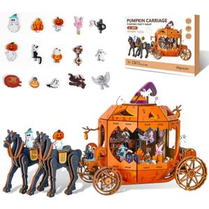 3D Wooden Puzzles for Adults, Gifts for Men, Women Teen 274 PCS Pumpkin Carriage Puzzle Kit Model with Lights, Music Box & Running Carriage, Boo Basket Stuffers Gift