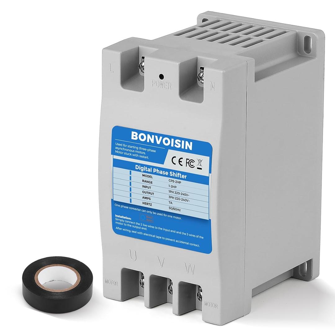 Bonvoisin Single to 3 Phase Converter 2HP(1.5kW) Digital Phase Shifter, 7A 220V-240V Input/Output, One Converter for One Motor