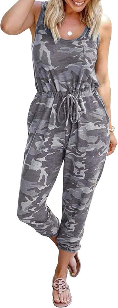 KIRUNDO Women 2025 Summer Jumpsuits Casual Sleeveless Drawstring Elastic Waist Romper Vacation Cruise Airport Travel Outfits (Large, Camouflage Grey)