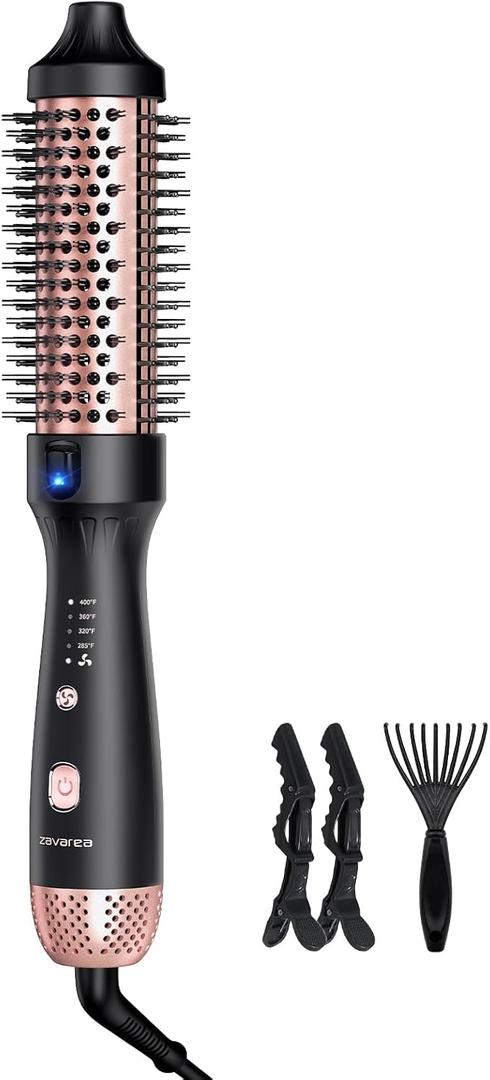 Zavarea Thermal Brush, 1.5 Inch Heated Round Curling Brush, 800M Negative Ions Ceramic Stylers for Less Frizz, 4 Temp Set, Dual Voltage for Travel, Easy Use Boosts Shine (Elegant Black)