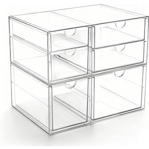 Prsildan Acrylic Drawer Makeup Organizer with 6 Drawers (Not for Baby Bottle), Set of 2 Office Desk Organizers Accessories, Clear Stackable Storage Drawers for Vanity, Craft (Largest Drawer 4" Tall)