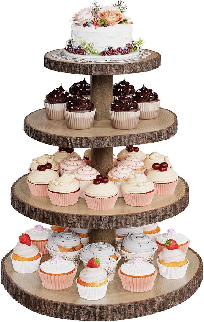 SANYOUNG Wood Cupcake Stand, 4 Tier Wooden Cupcake Tower, Large Rustic Cake Display Holder Stand for Woodland Baby Shower, Wedding, Birthday, Tea Party, Farmhouse Dessert Table Decorations