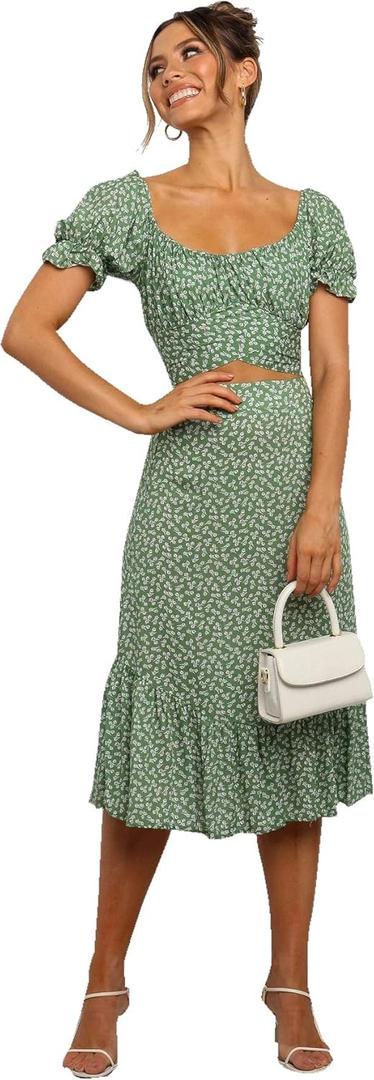 LYANER Women's 2 Piece Outfits Floral Self Tie Knot Crop Top and Midi Skirt Set (Large, Green)