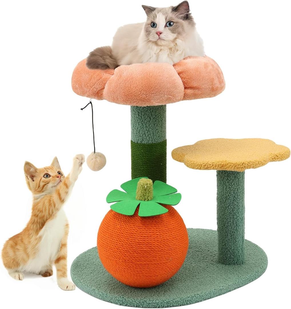 Sisal Cat Scratcher for Indoor Cat Kitten Sugar Ball Scratching Post with Hanging Ball,Solid Wooden 2 Level Track,Interactive Toy